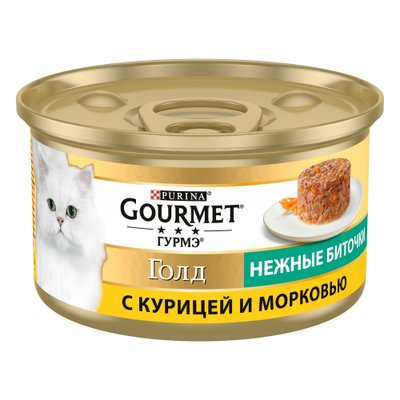 Вологий корм GOURMET Gold "Ніжні биточки" для дорослих котів, з куркою та морковою 85 г (7613035442207) 300423 фото