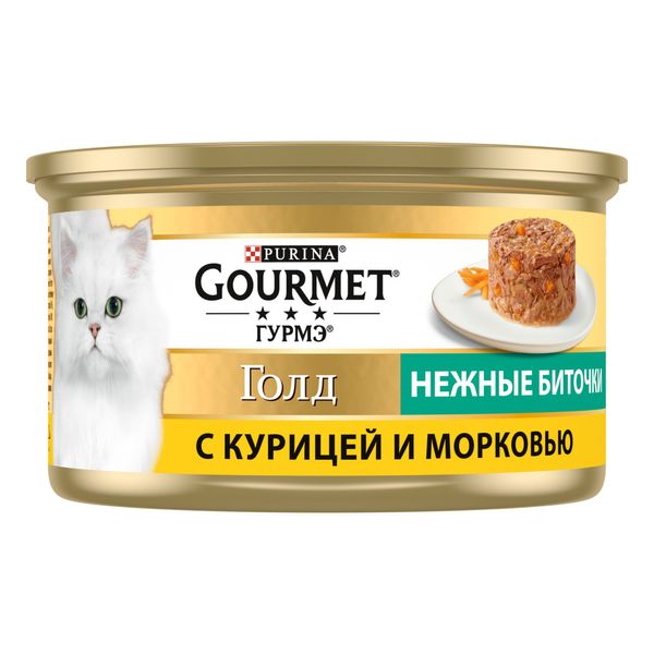 Вологий корм GOURMET Gold "Ніжні биточки" для дорослих котів, з куркою та морковою 85 г (7613035442207) 300423 фото