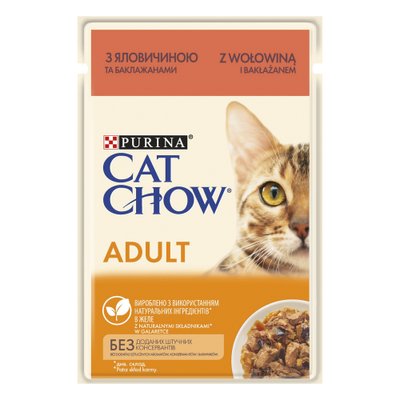Вологий корм CAT CHOW Adult для дорослих котів, шматочки в желе з яловичиною та баклажанами 85 г (7613036595025) 300412 фото