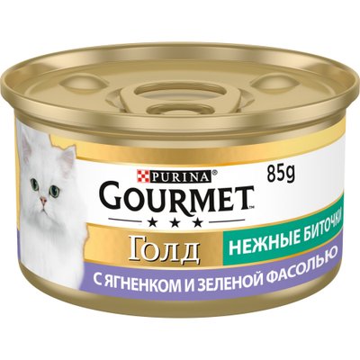 Вологий корм GOURMET Gold "Ніжні биточки" для дорослих котів, з ягням та зеленою квасолею 85 г (7613035442276) 301859 фото