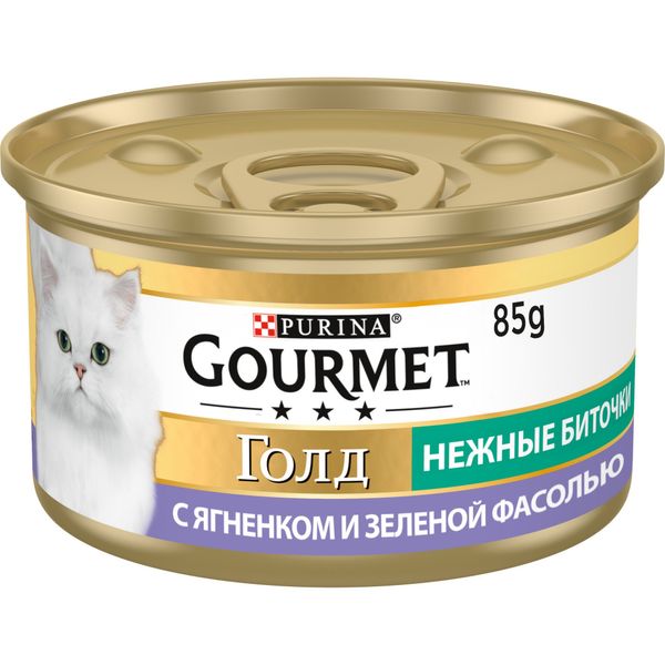 Вологий корм GOURMET Gold "Ніжні биточки" для дорослих котів, з ягням та зеленою квасолею 85 г (7613035442276) 301859 фото