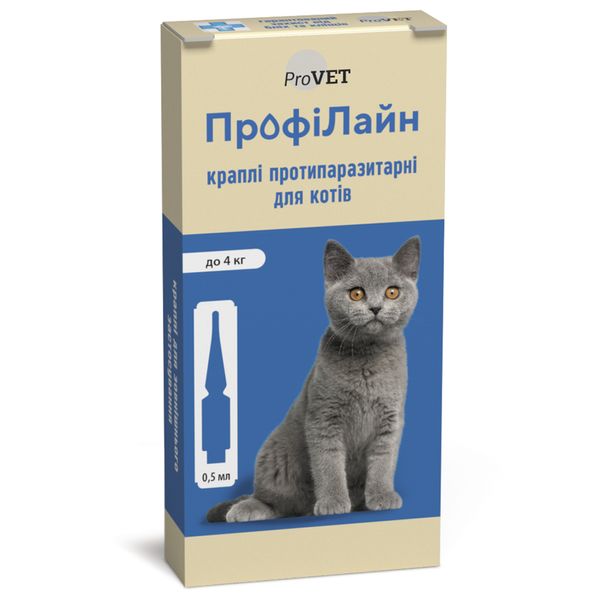 Краплі ProVET Профілайн протипаразитарні, для котів до 4кг, 4 піпетки по 0.5мл арт.PR240988 (4823082409884) 304578 фото