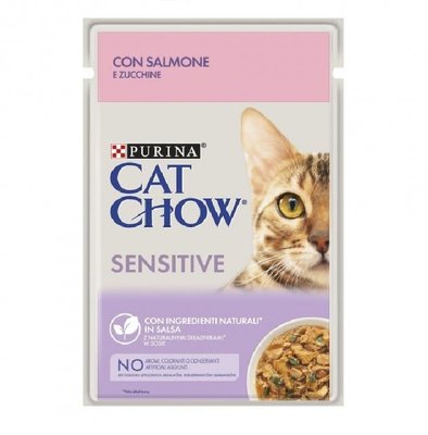 Вологий корм CAT CHOW Sensitive для котів із чутливою системою травлення, з лососем та цукіні 85 г (7613037025521) 300850 фото