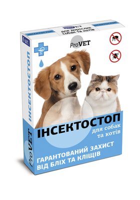 Краплі ProVET Інсектостоп для дорослих котів і собак, від бліх та кліщів, 6 піпеток по 0.8мл арт.PR020026 (4820150200268) 304329 фото