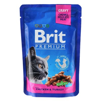 Вологий корм для котів Brit Premium Cat Pouches курка з індичкою 100г (8595602506019) 300860 фото