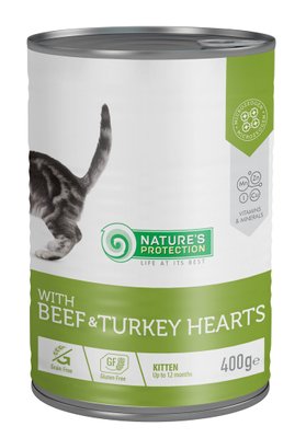 Вологий корм для кошенят з яловичиною та серцем індички Nature's Protection Kitten with Beef & Turkey hearts 400 г (4771317456106) 70174878 фото