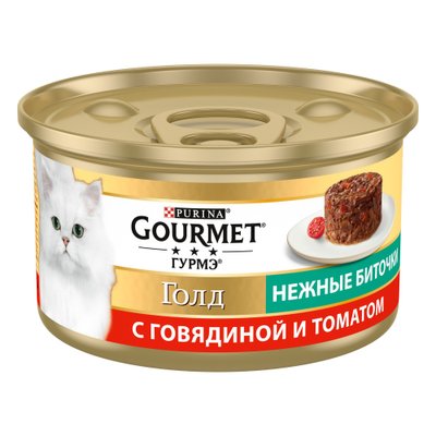 Вологий корм GOURMET Gold "Ніжні биточки" для дорослих котів, з яловичиною та томатами 85 г (7613035442474) 300424 фото