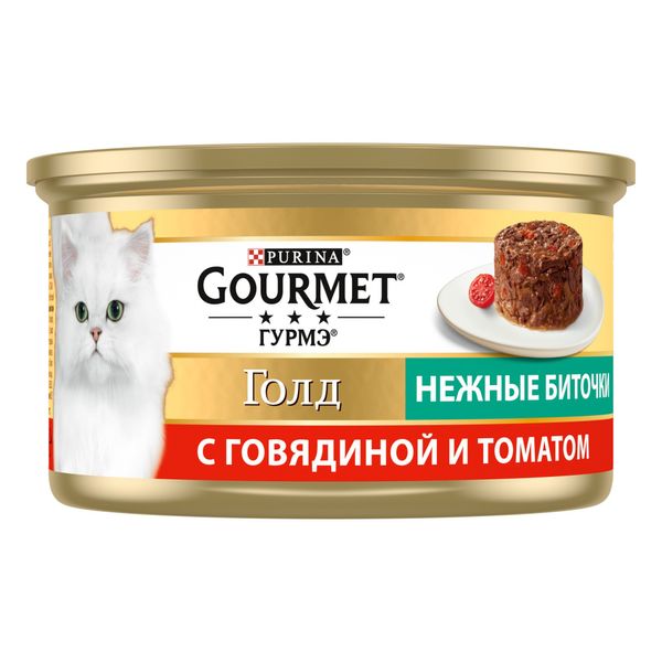 Вологий корм GOURMET Gold "Ніжні биточки" для дорослих котів, з яловичиною та томатами 85 г (7613035442474) 300424 фото