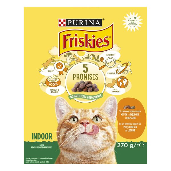 Сухий корм FRISKIES Indoor для дорослих котів, з куркою та індичкою, з овочами 270 г (7613035351820) 300849 фото