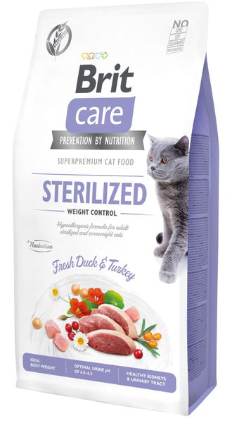 Сухой корм для стерилизованных котов и котов с избыточным весом Brit Care Cat GF Sterilized Weight Control с уткой и индейкой 7кг (8595602540785) 303032 фото