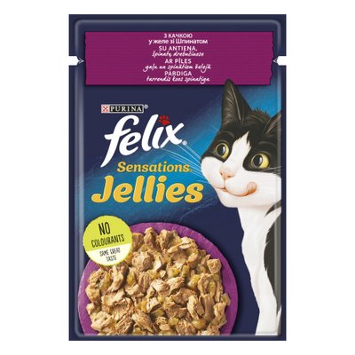 Вологий корм Felix Sensations Jellies для дорослих котів, шматочки в желе з качкою та шпинатом 85 г (7613039831281) 302575 фото