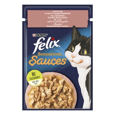Вологий корм Felix Sensations Sauces для кішок, шматочки з лососем у соусі зі смаком креветок 85 г 301253 фото