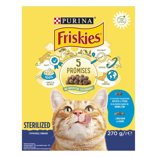 Сухий корм FRISKIES Sterilized для стерилізованих котів, з лососем, тунцем та овочами 270 г (7613035352346) 590789 фото