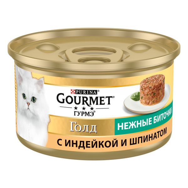 Вологий корм GOURMET Gold "Ніжні биточки" для дорослих котів, з індичкою та шпинатом 85 г (7613035442245) 300422 фото