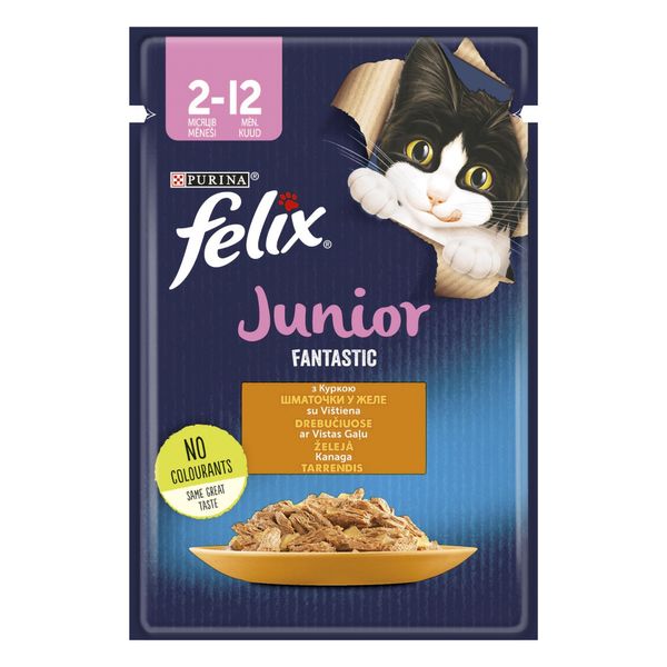 Вологий корм Felix Fantastic Junior для кошенят, шматочки в желе з куркою 85 г (7613039832189) 300981 фото