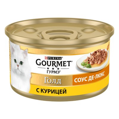 Вологий корм GOURMET Gold "Соус Де-Люкс" для дорослих котів, шматочки в соусі з куркою 85 г (7613036705103) 300976 фото