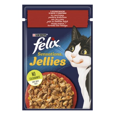 Вологий корм Felix Sensations Jellies для дорослих котів, шматочки в желе з яловичиною та томатами 85 г (7613039831724) 301477 фото